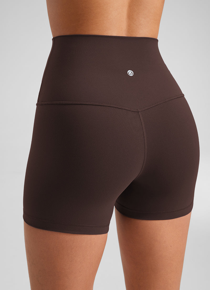 CRZ YOGA Women's Yoga High Rise Biker Shorts Butterluxe Shorts 4'' Hot Fudge Brown