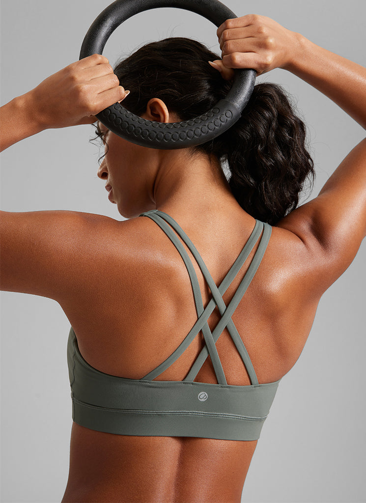 CRZ YOGA Women's Yoga Training Medium Support Nakedfeel Bra Cross Back Grey Sage
