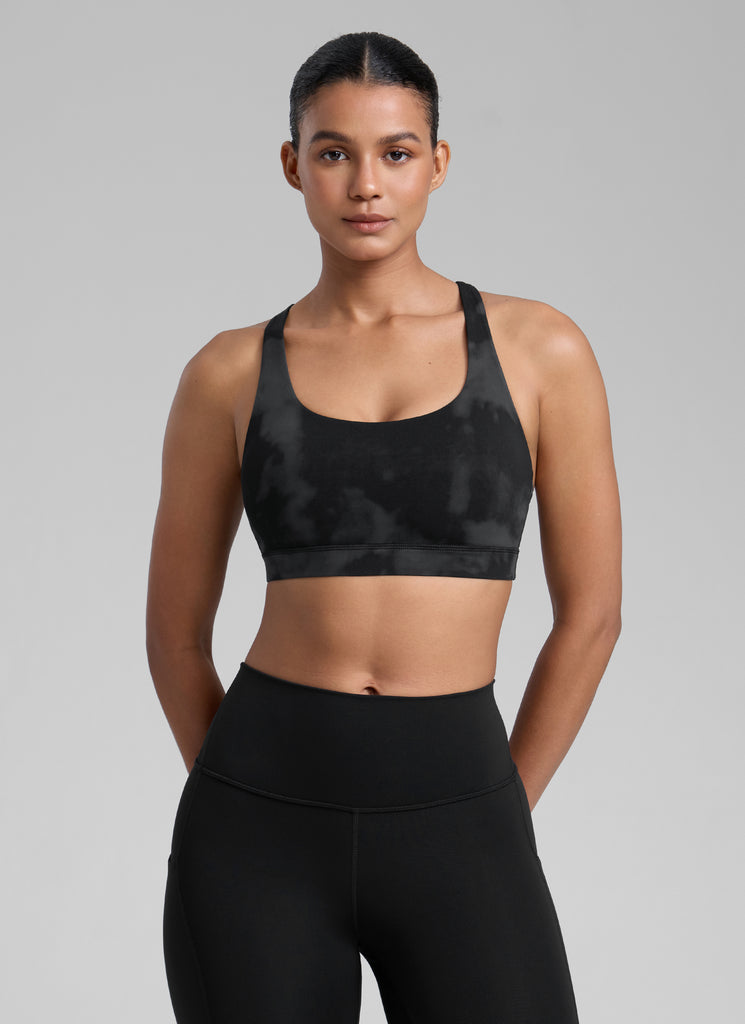 CRZ YOGA Women's Yoga Training Medium Support Nakedfeel Bra Cross Back Black Tie Dye Flowers
