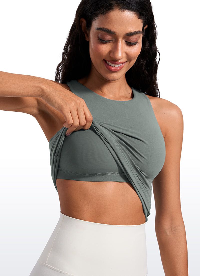 CRZ YOGA Women's Butterluxe Built-in Bra High Neck Racerback Tank Grey Sage @model_info:Mariana