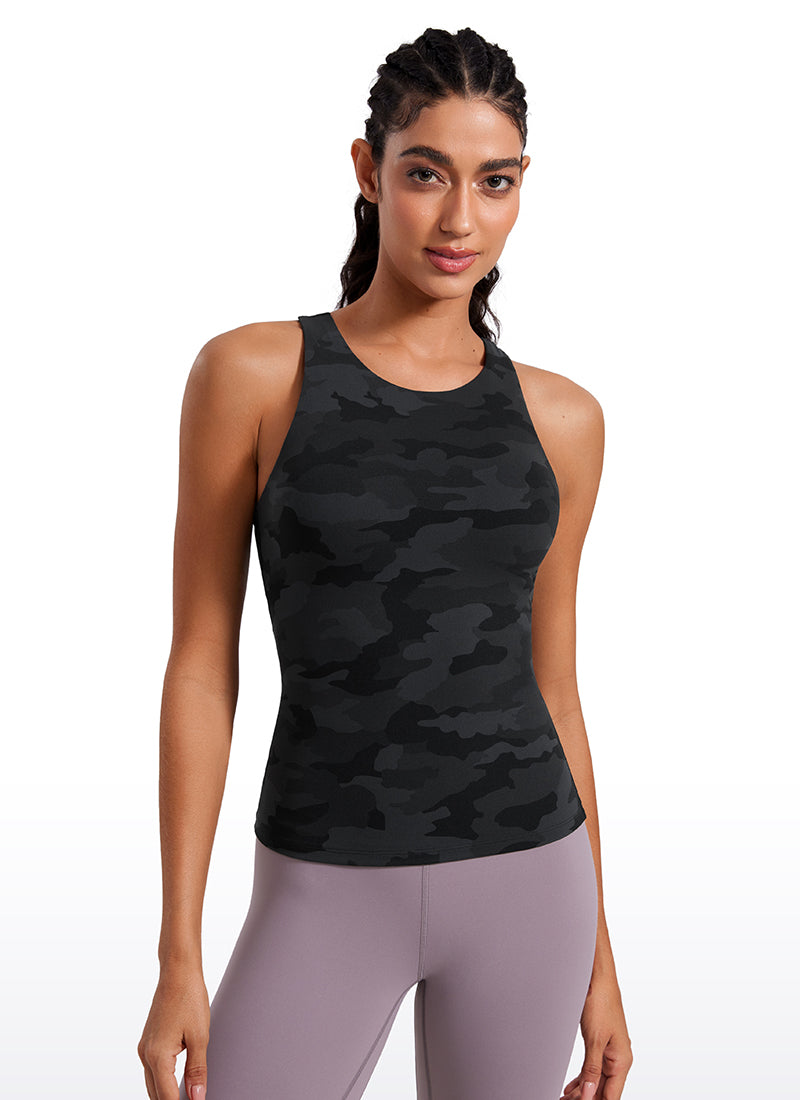 CRZ YOGA Women's Butterluxe Built-in Bra High Neck Racerback Tank Dark Grey Camouflage 2 @model_info:Mariana
