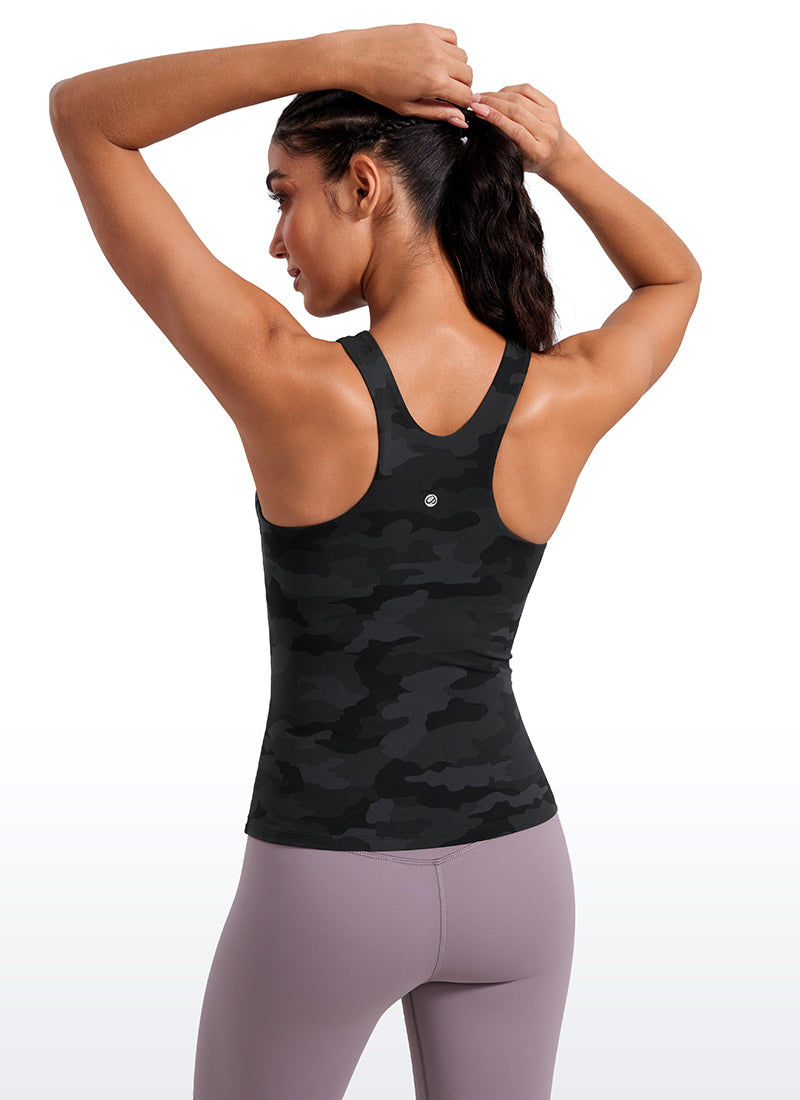 CRZ YOGA Women's Butterluxe Built-in Bra High Neck Racerback Tank Dark Grey Camouflage 2 @model_info:Mariana