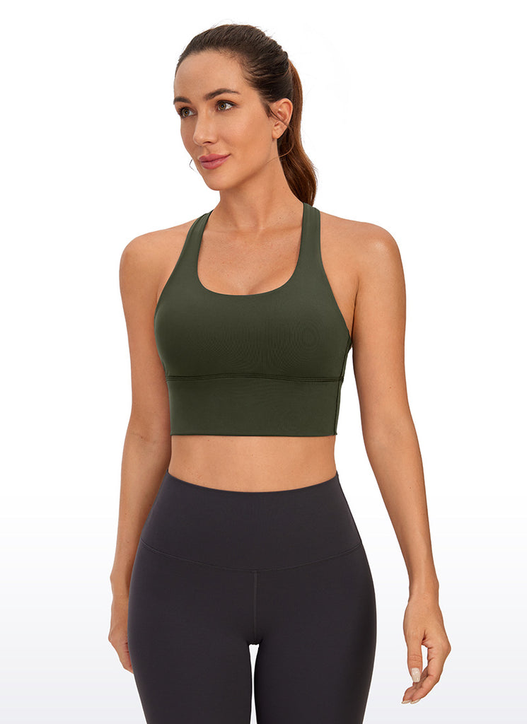 CRZ YOGA Women's Train Medium Support Nakedfeel Longline Bra Strappy Olive Green