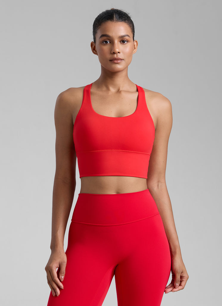 CRZ YOGA Women's Train Medium Support Nakedfeel Longline Bra Strappy Deep Red