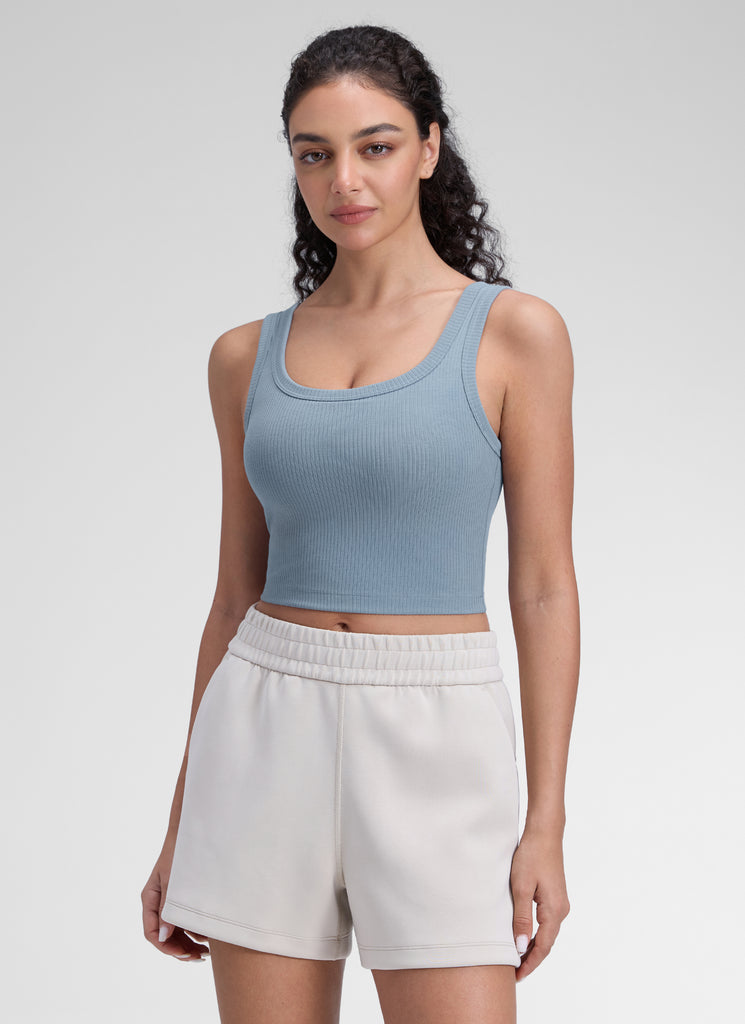 CRZ YOGA Women Longline U Neck Medium Impact Ribbed Sports Bras Cambric Blue