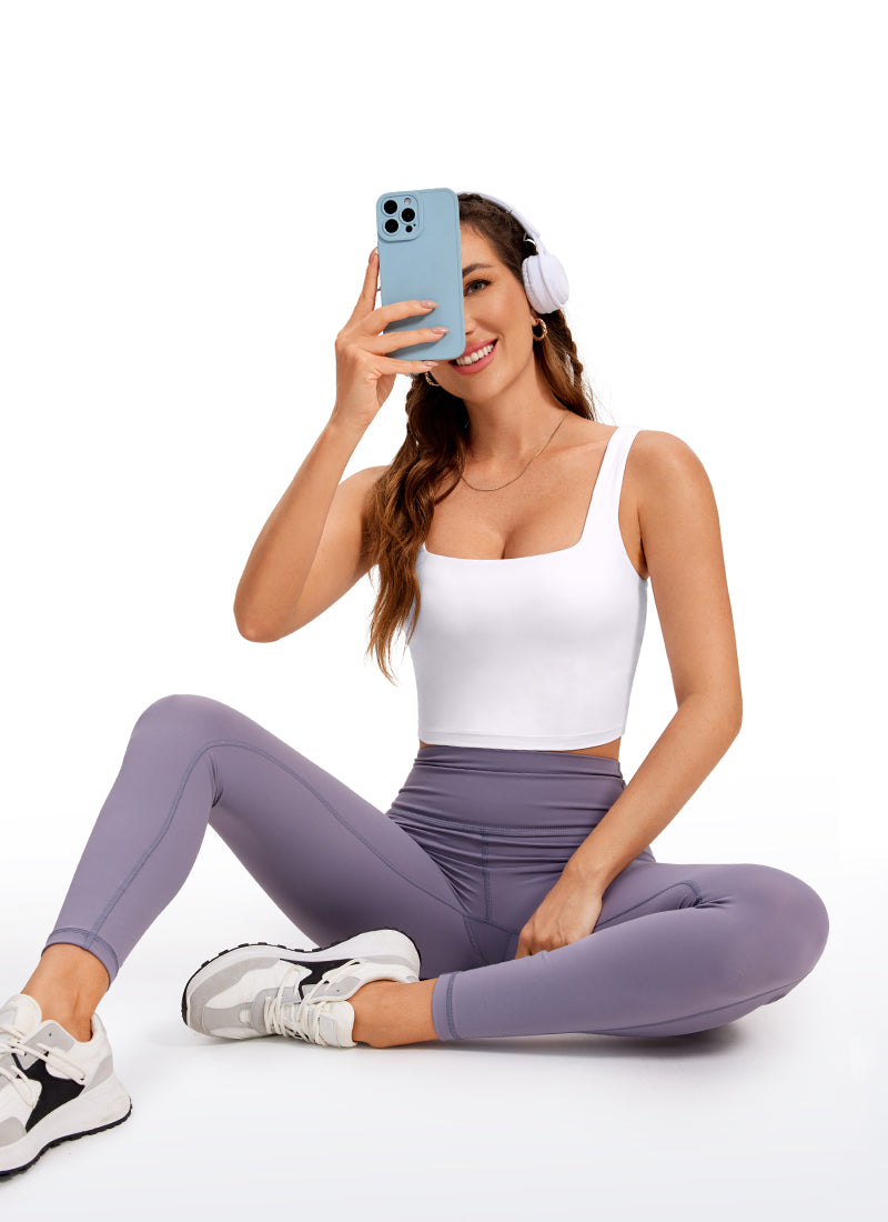 CRZ YOGA Women's Yoga Low Impact Butterluxe Longline Bra Square Neck White