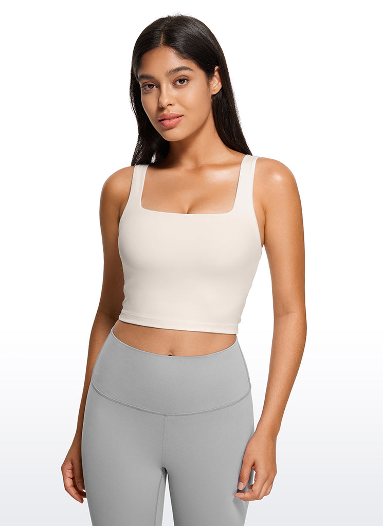 CRZ YOGA Women's Yoga Low Impact Butterluxe Longline Bra Square Neck Taupe