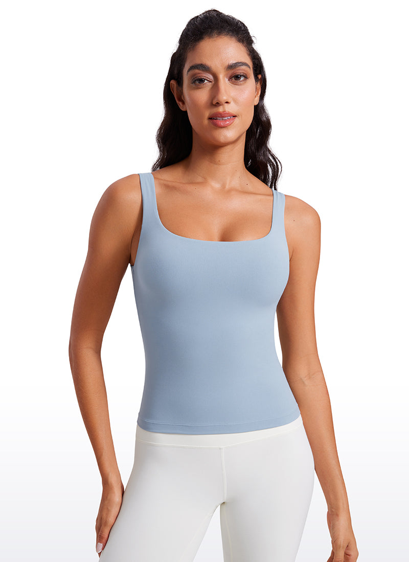 CRZ YOGA Women's SlimFit Tops Butterluxe Built-in Bra U Neck Tanks Cambric Blue @model_info:Mariana