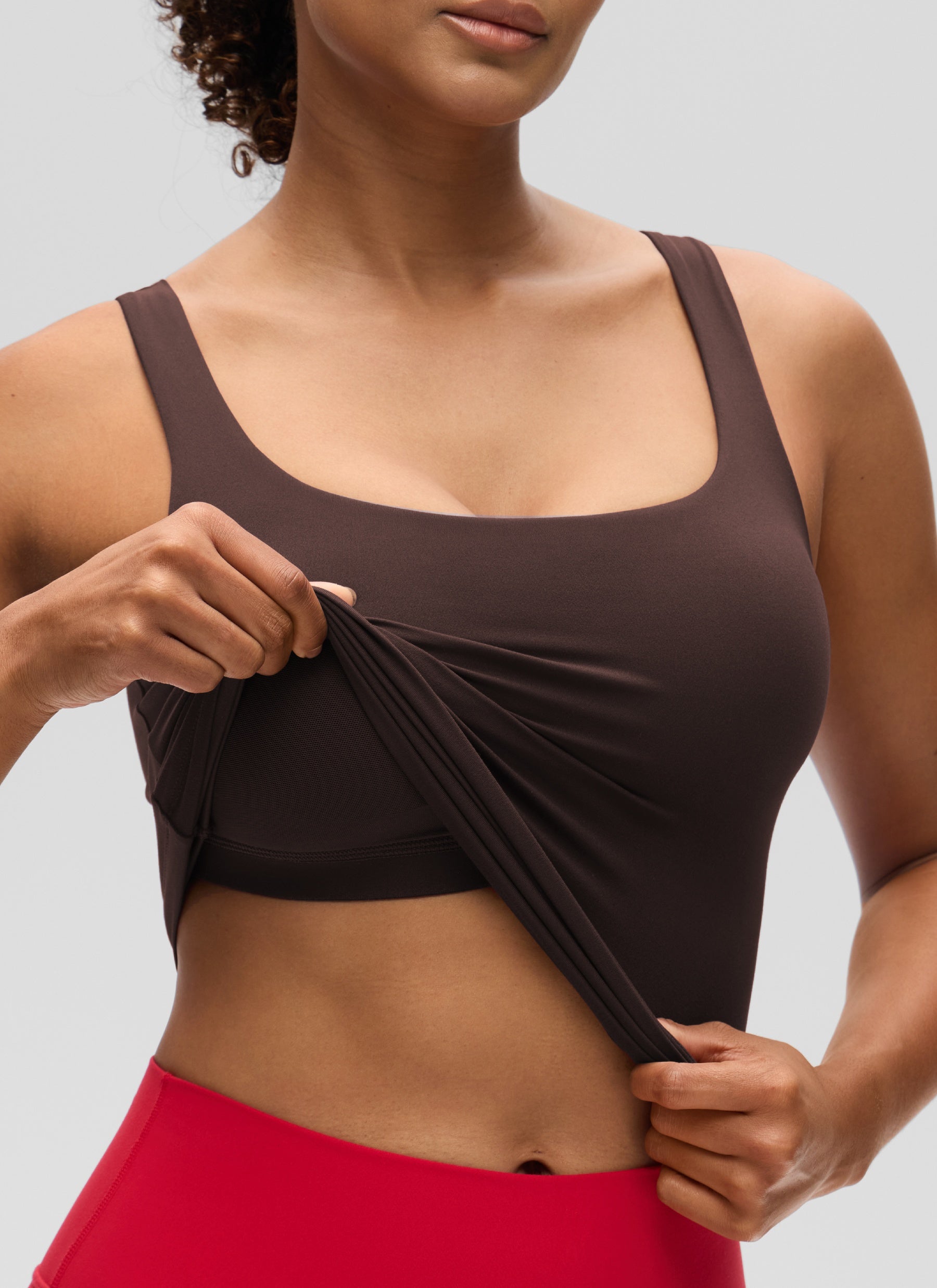 CRZ YOGA Women's SlimFit Tops Butterluxe Built-in Bra U Neck Tanks Hot Fudge Brown