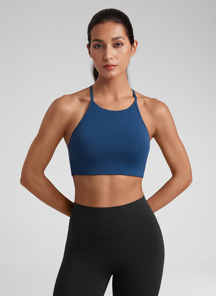 CRZ YOGA Butterluxe Womens High Neck Y Racerback Sports Bra Thin Strap French Navy