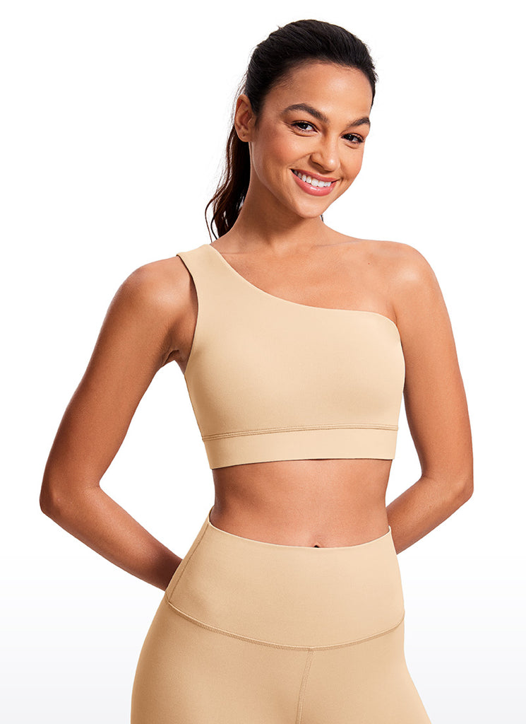 CRZ YOGA Butterluxe Womens One Shoulder Sports Bra Asymmetrical Padded Tan Milkshake