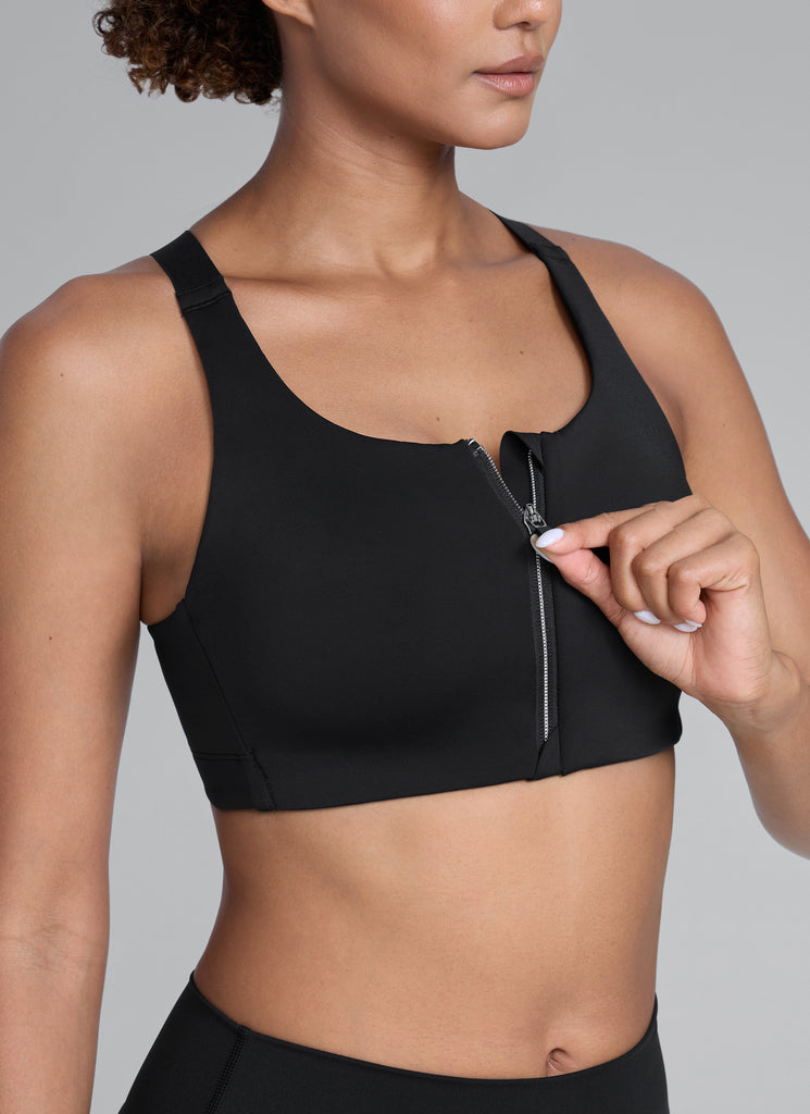 CRZ YOGA Womens Zip Front High Impact Sport Bra with Adjustable Straps Black