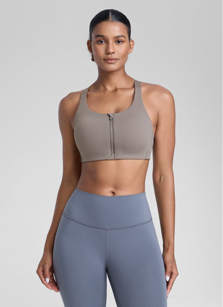 CRZ YOGA Womens Zip Front High Impact Sport Bra with Adjustable Straps White