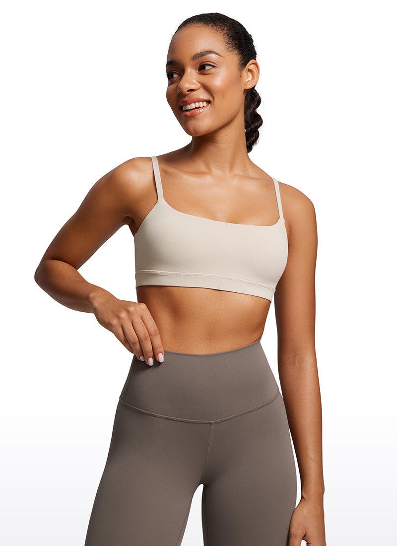 CRZ YOGA Womens Butterluxe Adjustable Spaghetti Strap Scoop Neck Bra Mojave Tan @model_info:Fiona