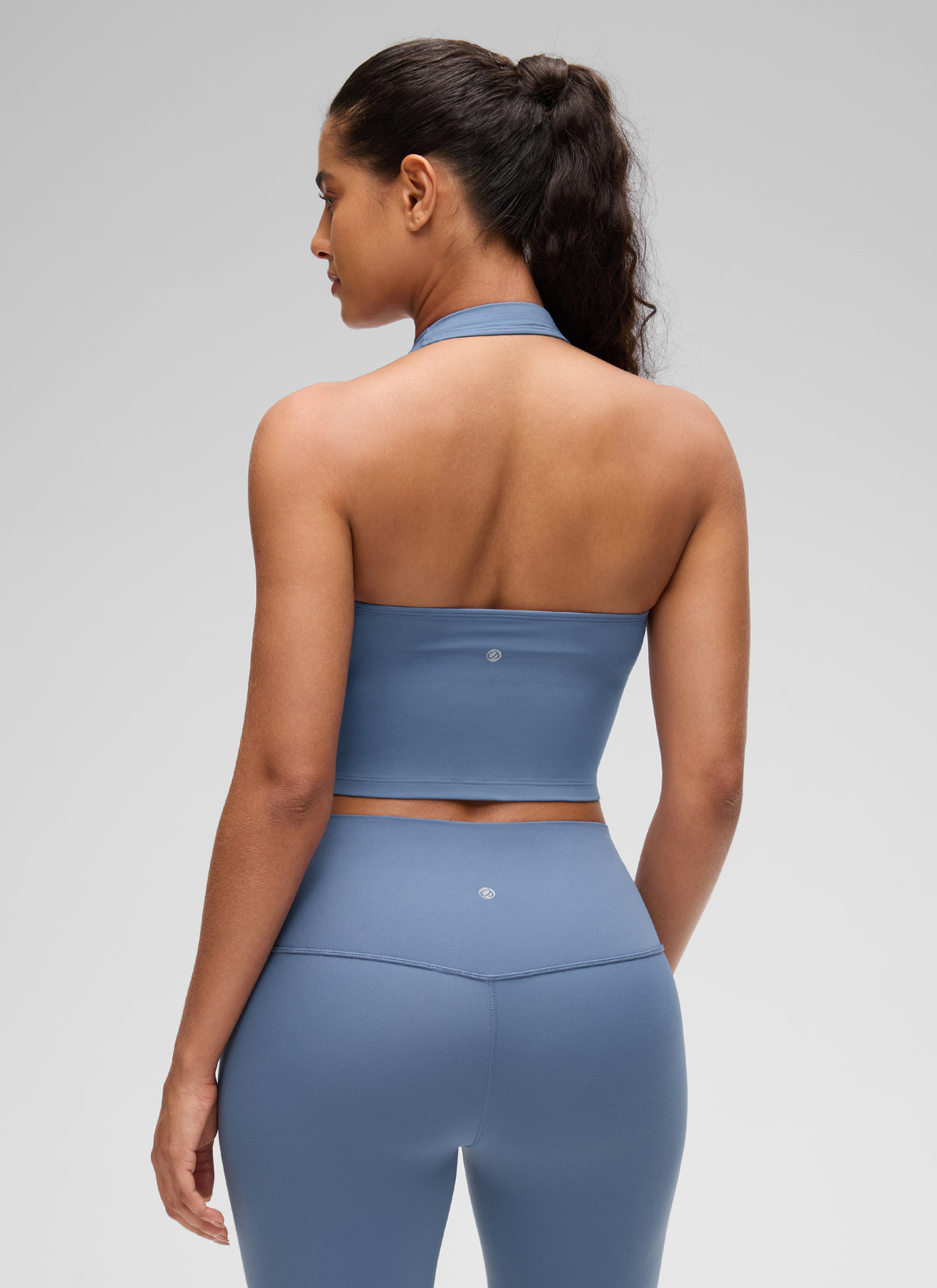 CRZ YOGA Womens Butterluxe Halter Longline Sports Bra Crop Tank Tops Washed Denim @model_info:Carol