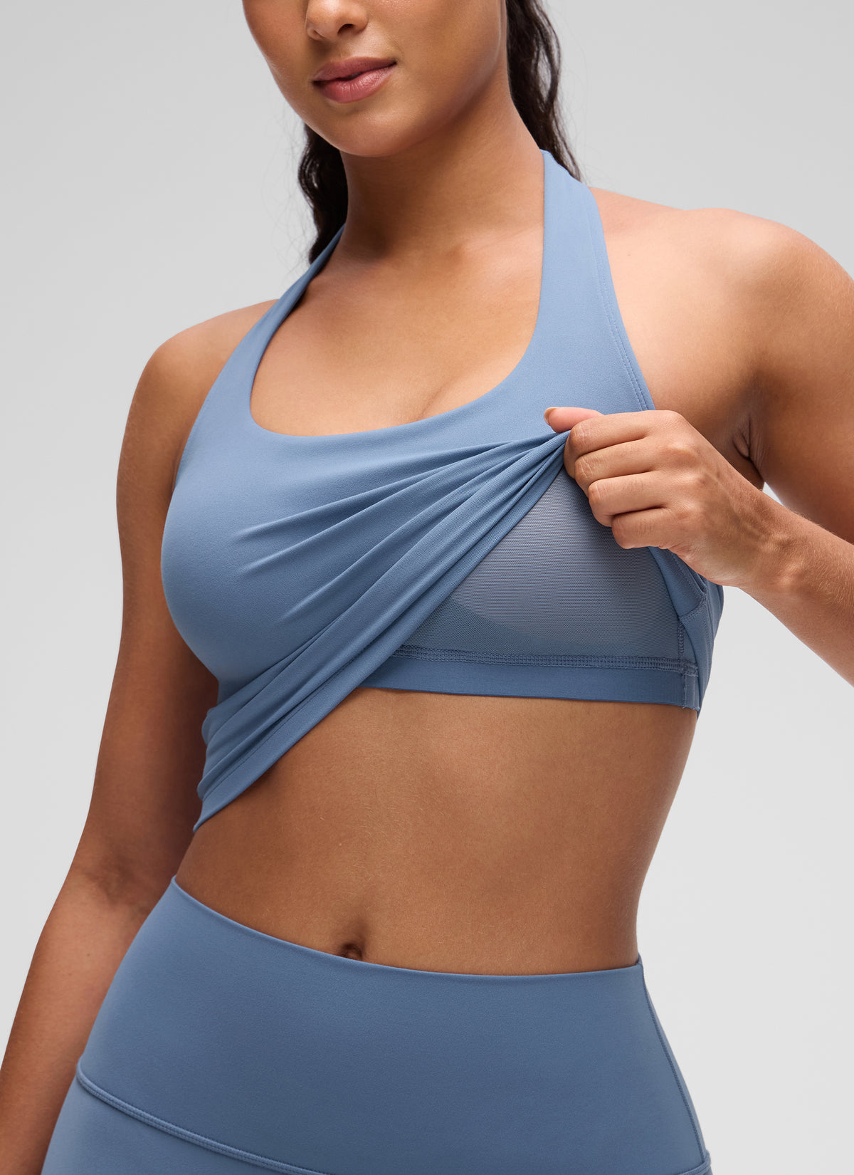 CRZ YOGA Womens Butterluxe Halter Longline Sports Bra Crop Tank Tops Washed Denim @model_info:Carol