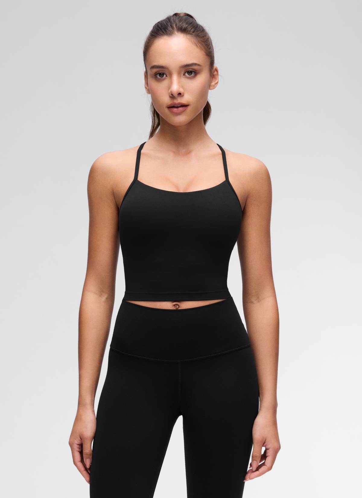 CRZ YOGA Womens Butterluxe Y Back Longline Sports Bras Crop Tank Top Black @model_info:Maria