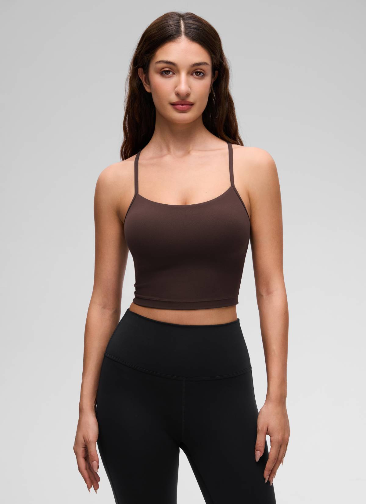 CRZ YOGA Womens Butterluxe Y Back Longline Sports Bras Crop Tank Top Hot Fudge Brown @model_info:Inga
