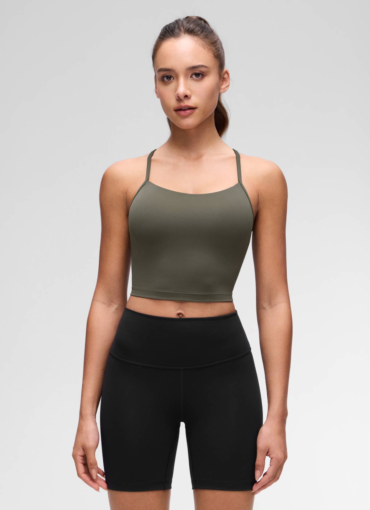 CRZ YOGA Womens Butterluxe Y Back Longline Sports Bras Crop Tank Top Light Army Green @model_info:Maria