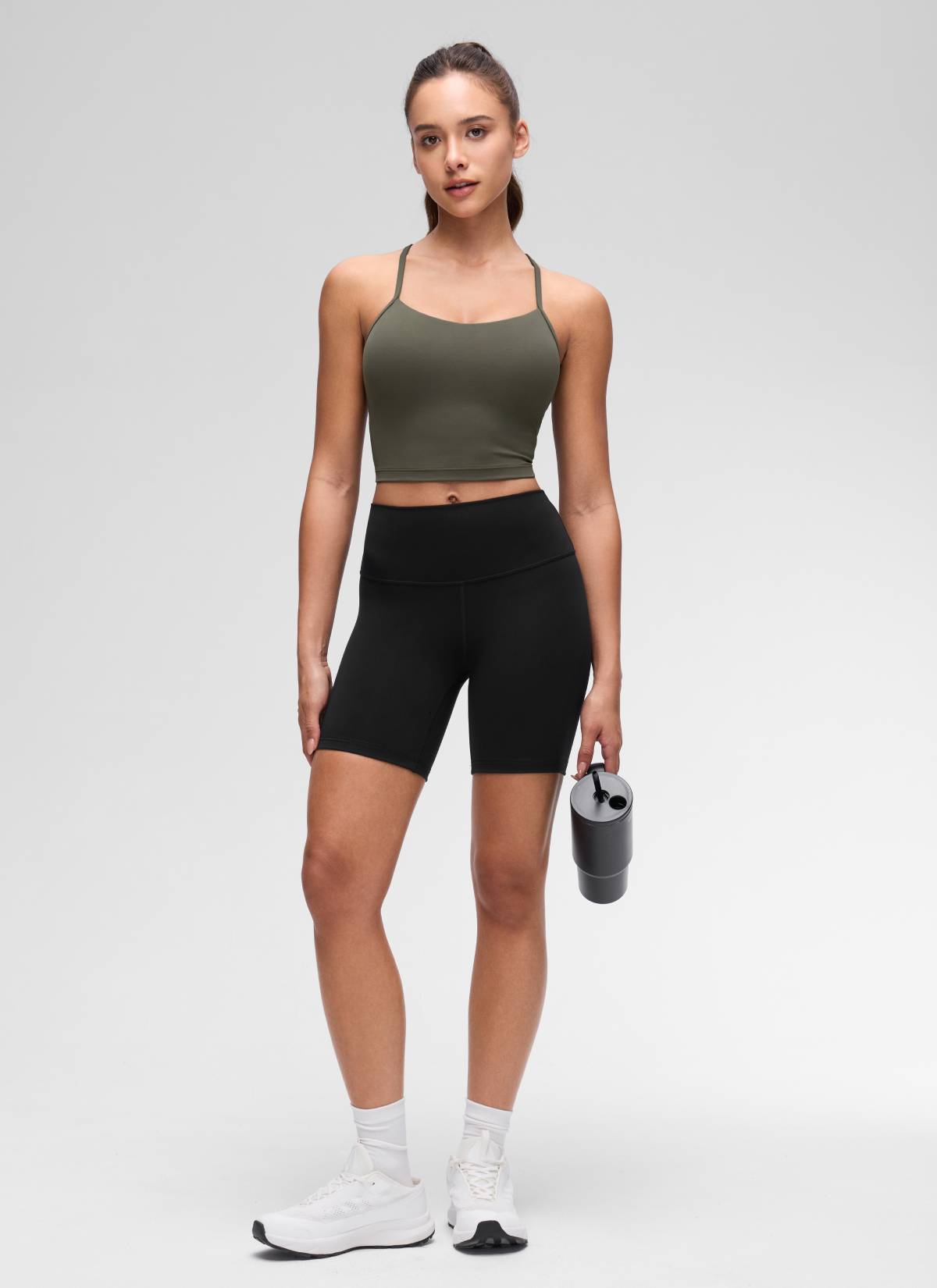 CRZ YOGA Womens Butterluxe Y Back Longline Sports Bras Crop Tank Top Light Army Green @model_info:Maria