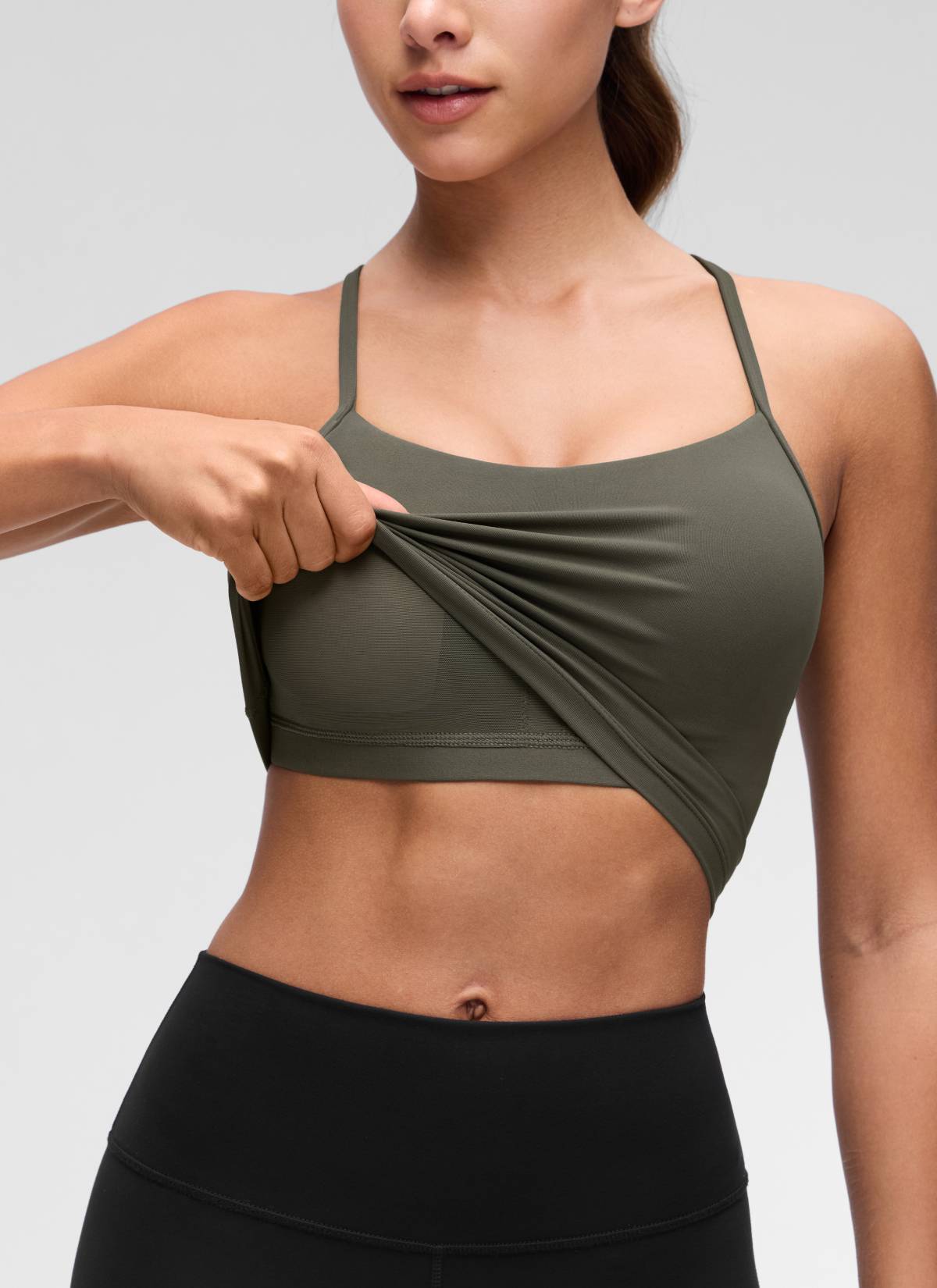 CRZ YOGA Womens Butterluxe Y Back Longline Sports Bras Crop Tank Top Light Army Green @model_info:Maria