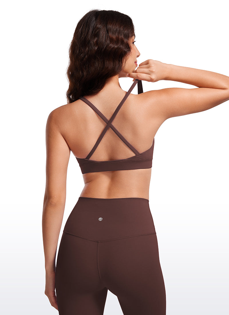 CRZ YOGA Women's Light Support Butterluxe Yoga Bra Strappy back V Neck Taupe @model_info:Maysa