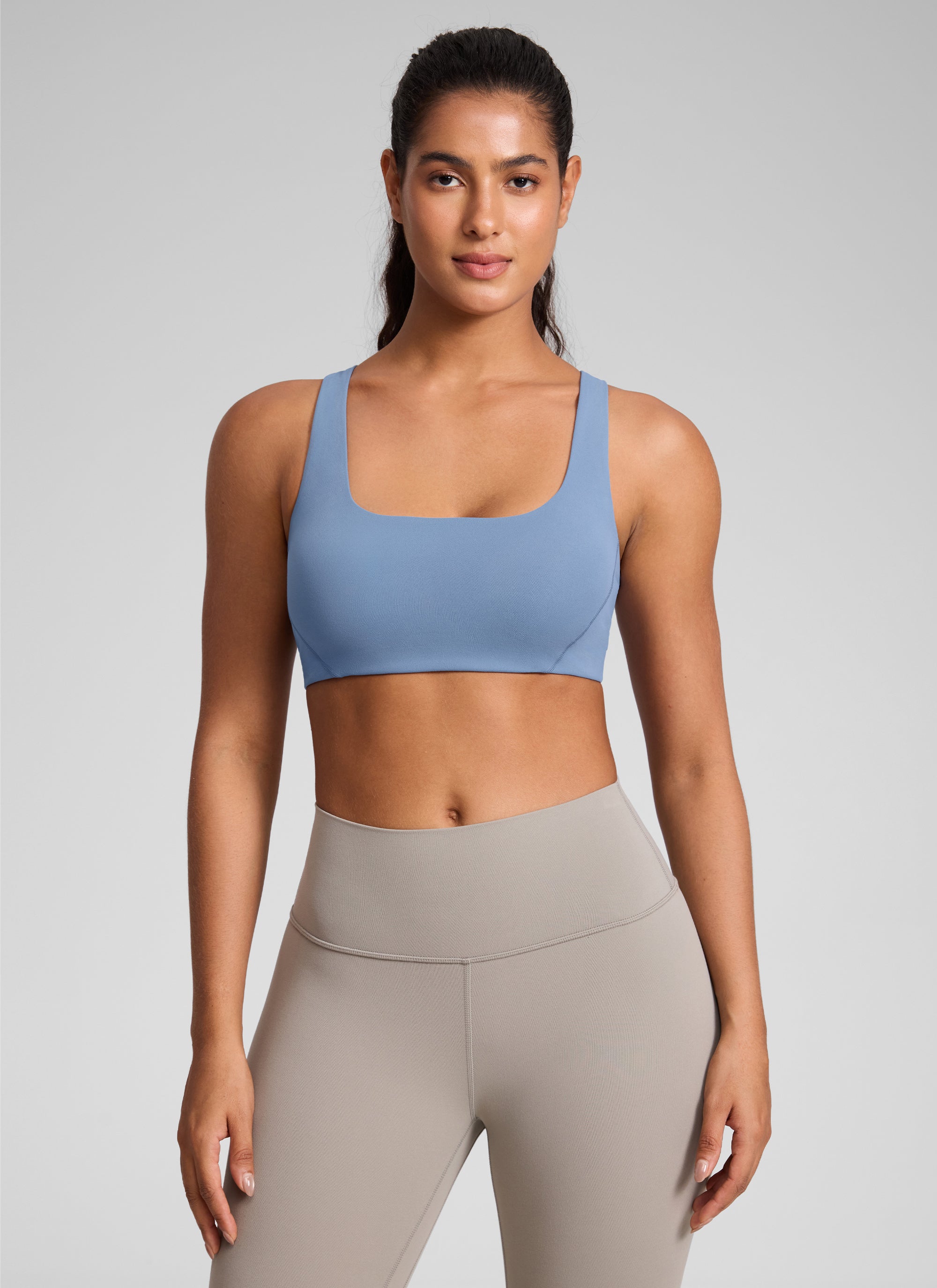 CRZ YOGA Womens Butterlift Double Lined Square Neck Yoga Sports Bra Washed Denim @model_info:C