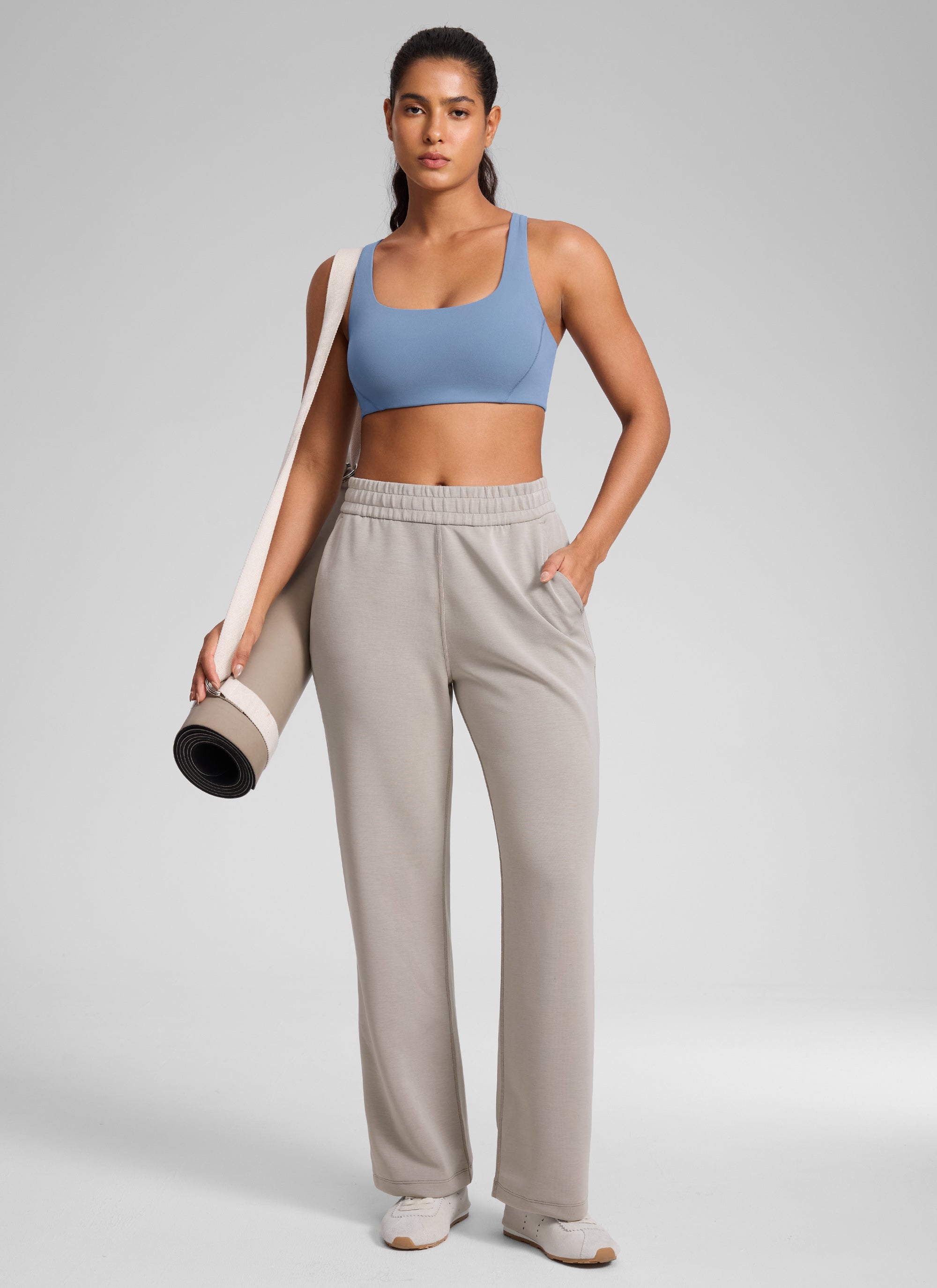 CRZ YOGA Womens Butterlift Double Lined Square Neck Yoga Sports Bra Washed Denim @model_info:C