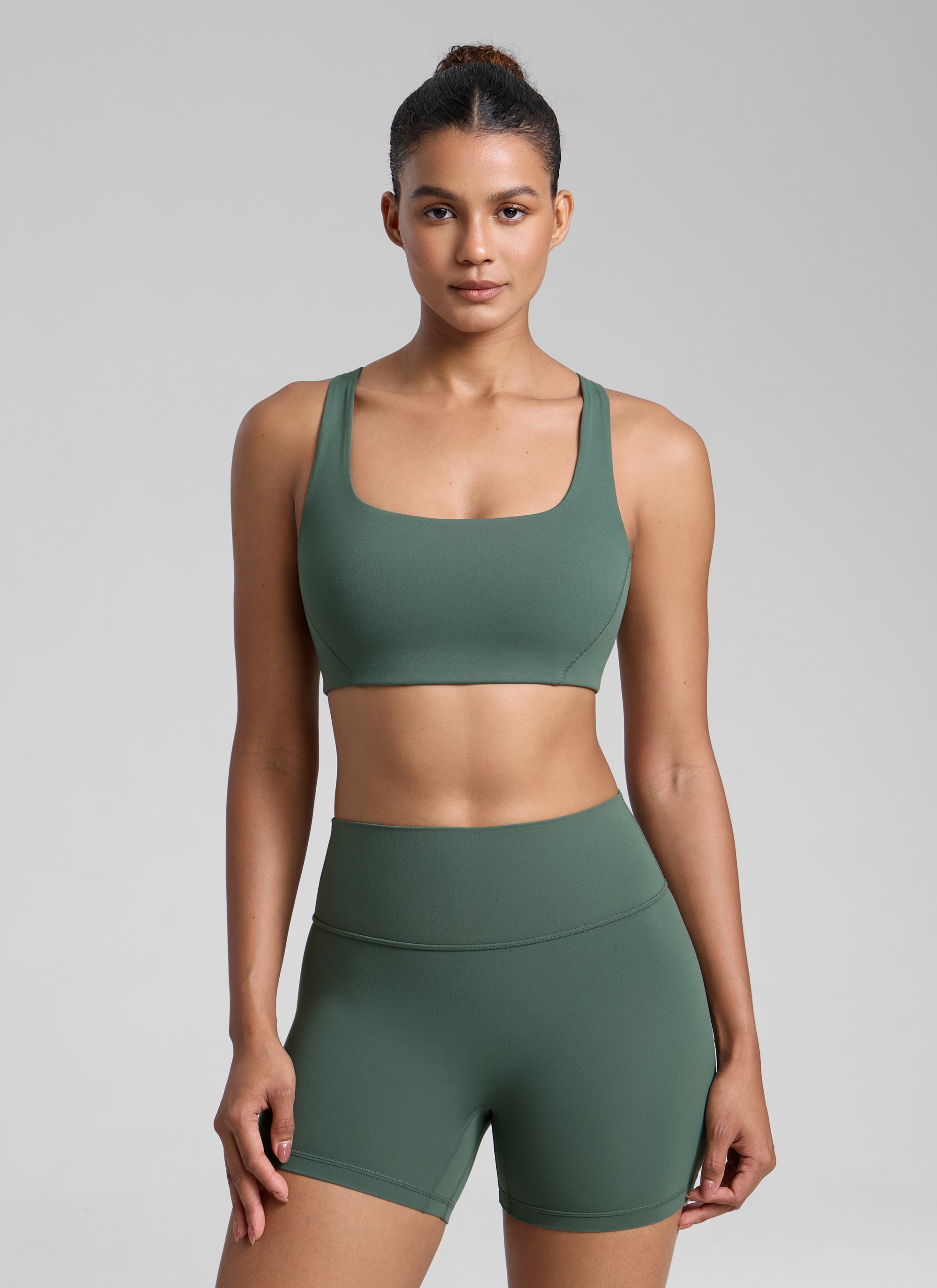 CRZ YOGA Womens Butterlift Double Lined Square Neck Yoga Sports Bra Dark Forest Green @model_info:Barbara