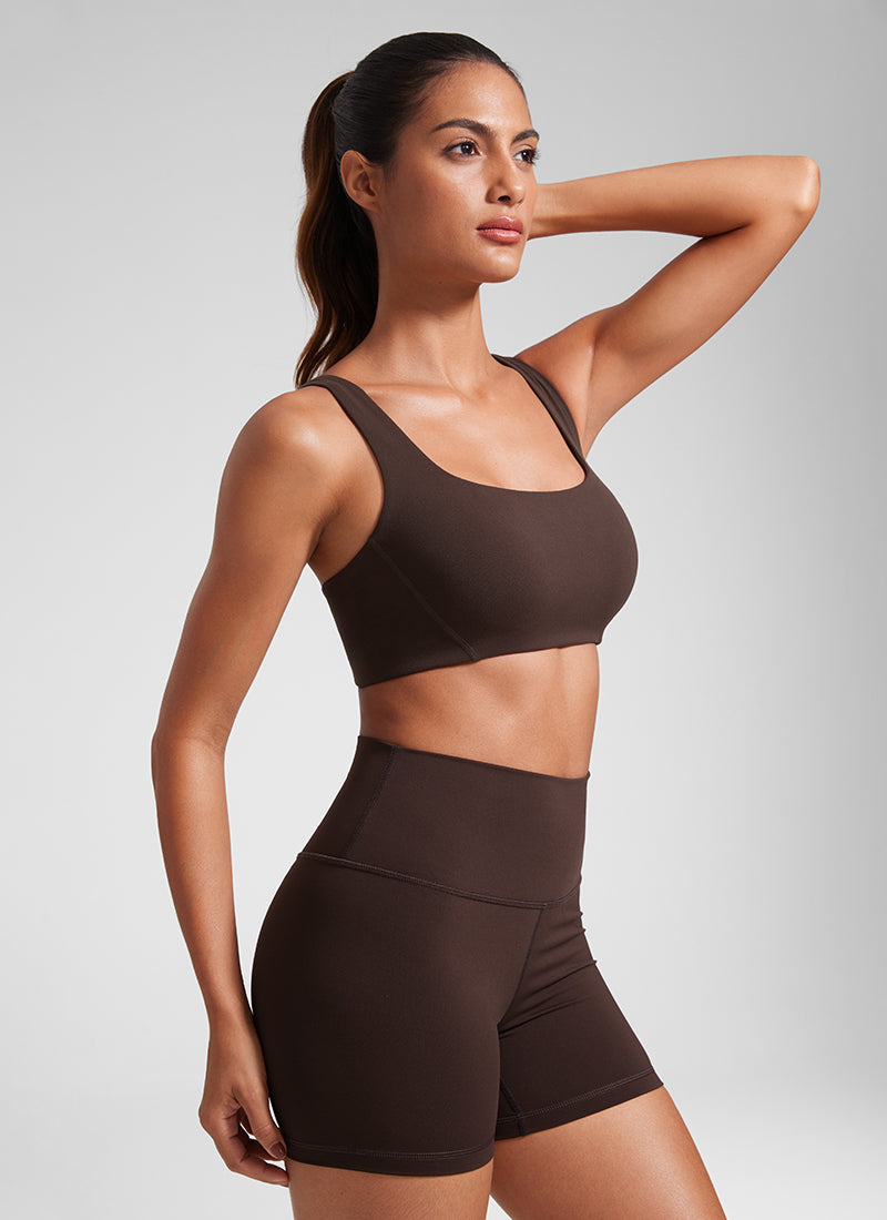 CRZ YOGA Womens Butterlift Double Lined Square Neck Yoga Sports Bra Hot Fudge Brown @model_info:Bea