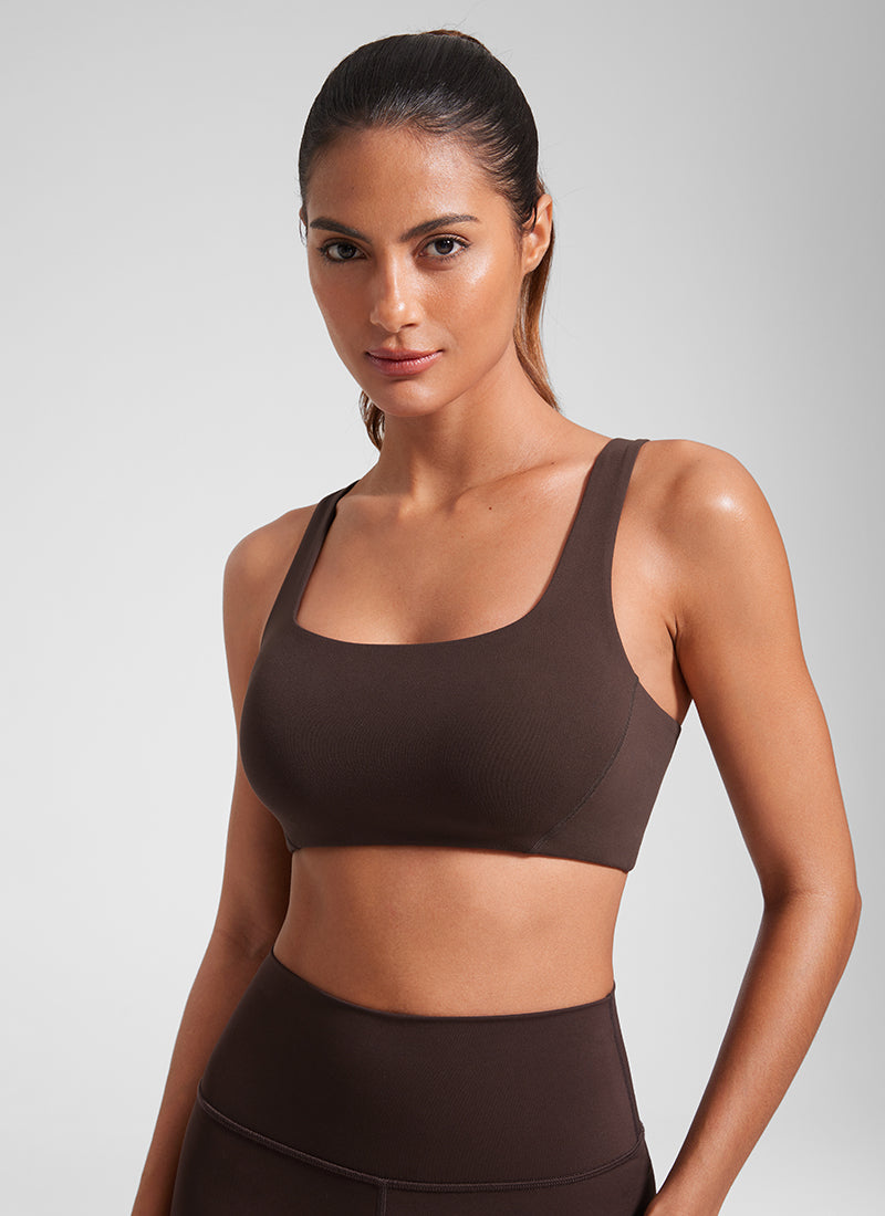 CRZ YOGA Womens Butterlift Double Lined Square Neck Yoga Sports Bra Hot Fudge Brown @model_info:Bea