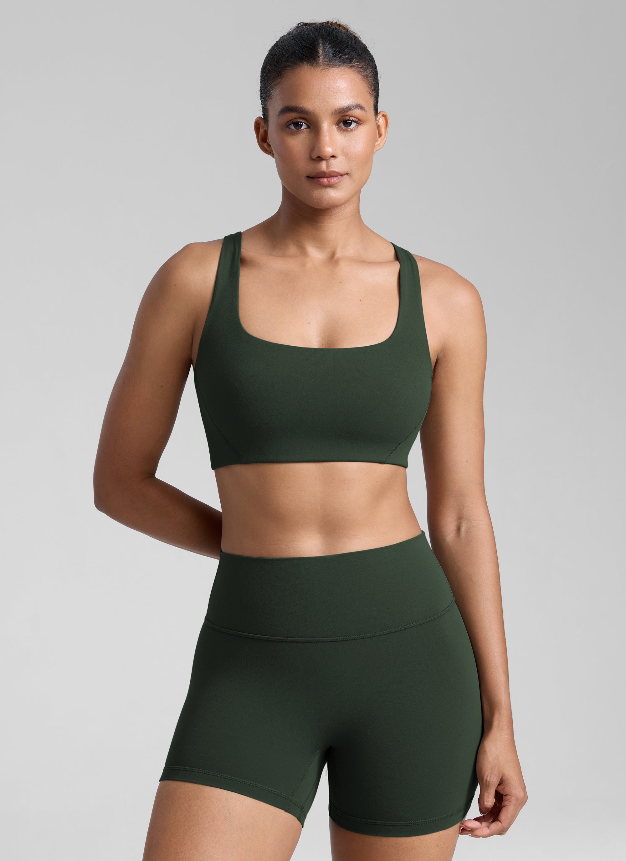 CRZ YOGA Womens Butterlift Double Lined Square Neck Yoga Sports Bra Legend Green @model_info:Barbara
