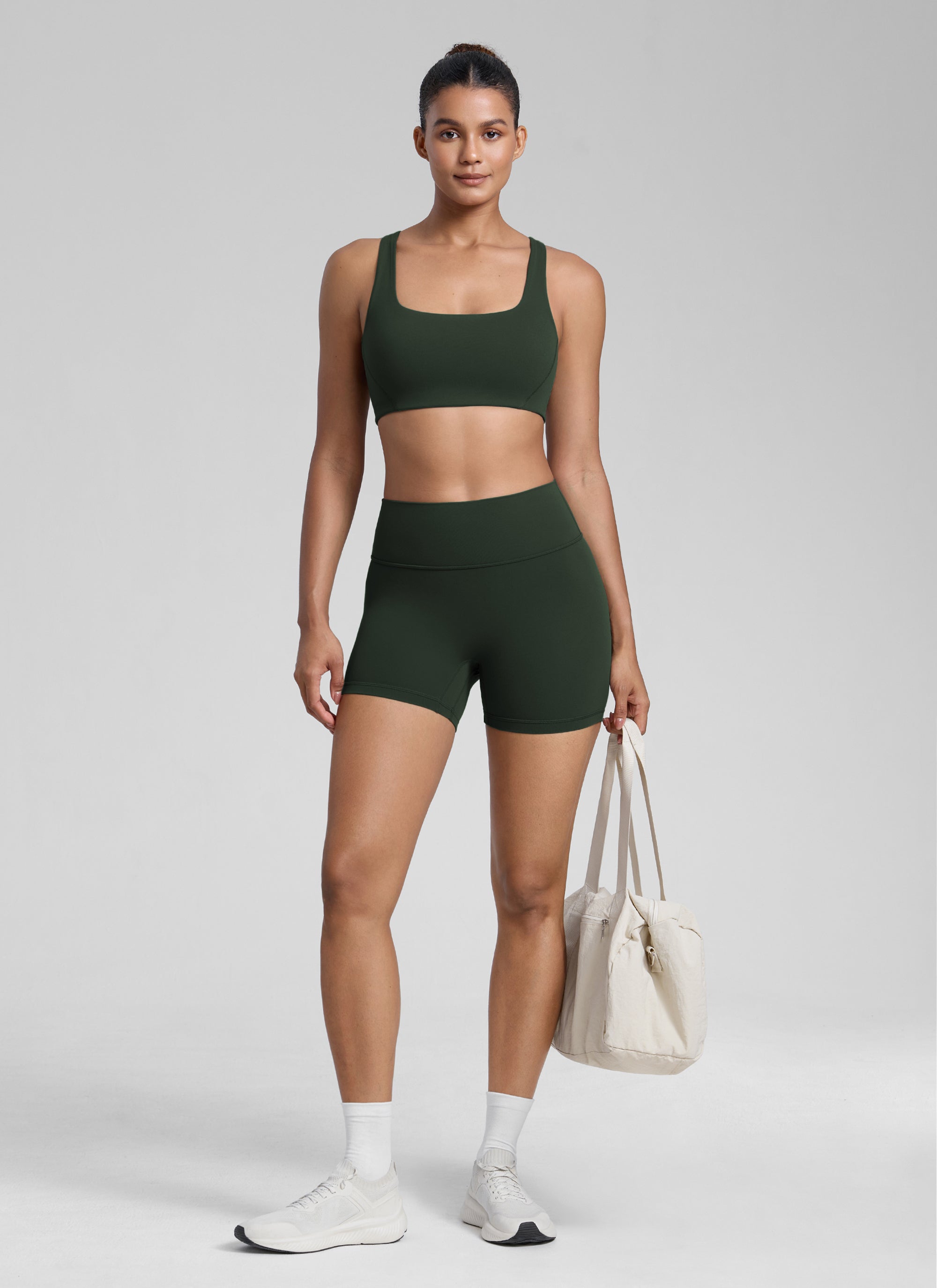 CRZ YOGA Womens Butterlift Double Lined Square Neck Yoga Sports Bra Legend Green @model_info:Barbara