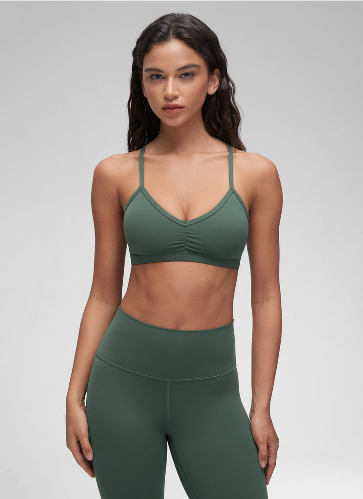 CRZ YOGA Butterluxe Womens Ruched V Neck Yoga Padded Sports Bra Dark Forest Green