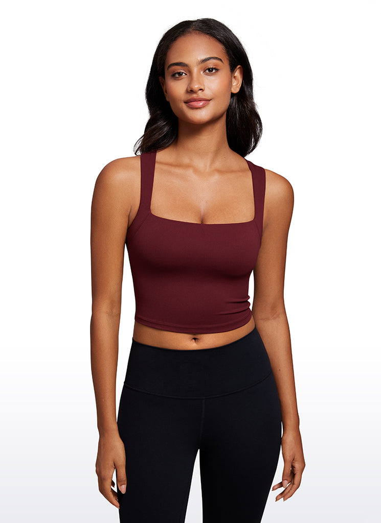 CRZ YOGA Butterluxe Women Longline Square Neck Sport Built in Bra Tank Red Merlot