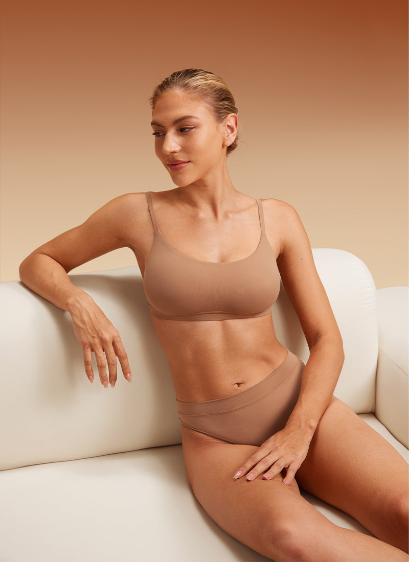 CRZ YOGA Women's Softhold Wireless Scoop Neck  Everyday Bra Adjustable Gravel Beige