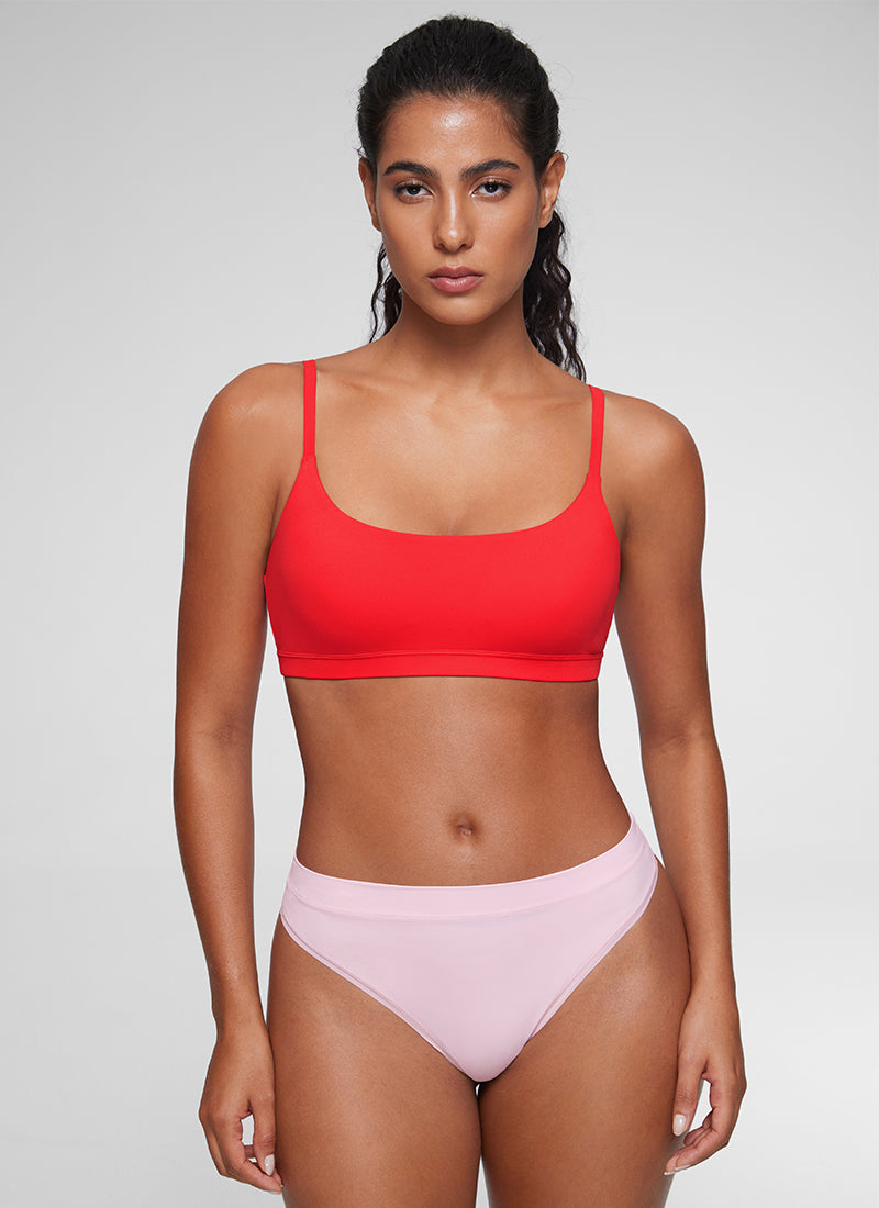 CRZ YOGA Women's Softhold Wireless Scoop Neck  Everyday Bra Adjustable Deep Red