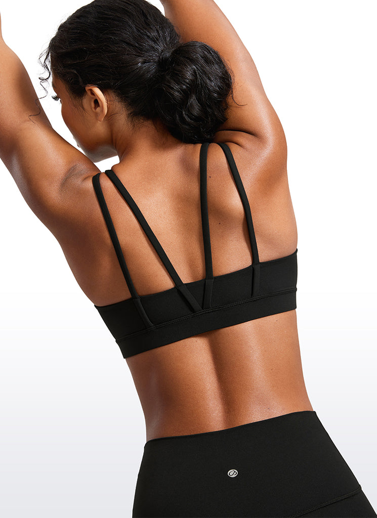 CRZ YOGA Women's Yoga Molded Cup Butterluxe Strappy Bra V Neck Black
