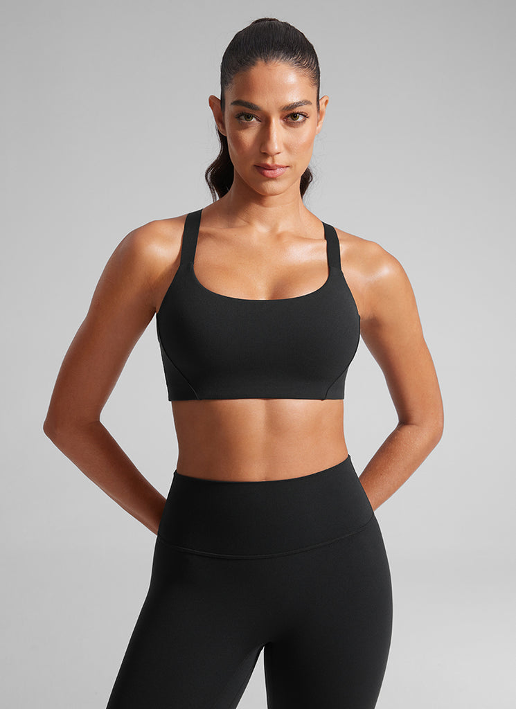 CRZ YOGA Women's Gym Top Butterlift Scoop Neck Bra Adjustable Straps Black