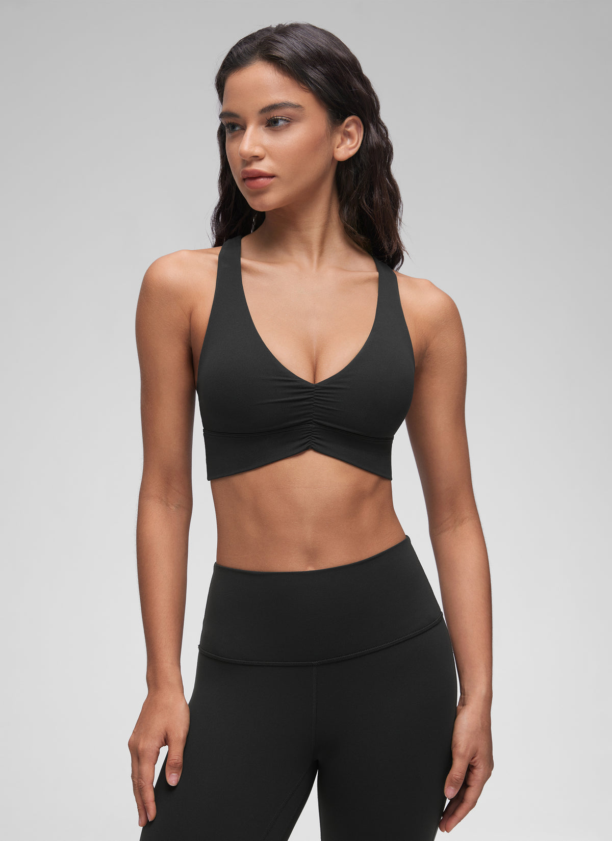 CRZ YOGA Women's Light Support Butterluxe Yoga Bra Ruched V Neck Black @model_info:Winma