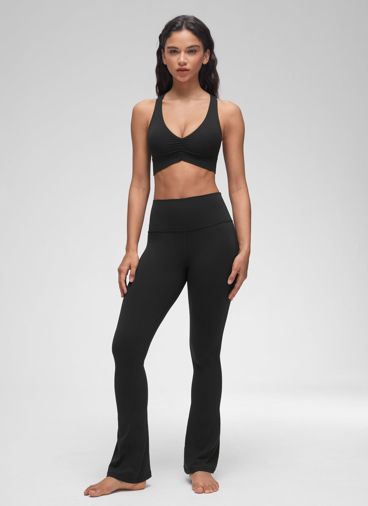 CRZ YOGA Women's Light Support Butterluxe Yoga Bra Ruched V Neck Black @model_info:Winma