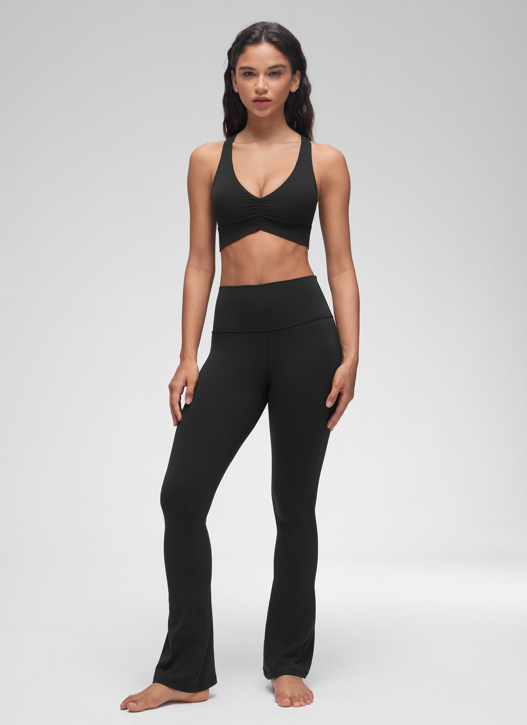 CRZ YOGA Women's Light Support Butterluxe Yoga Bra Ruched V Neck Black @model_info:Winma