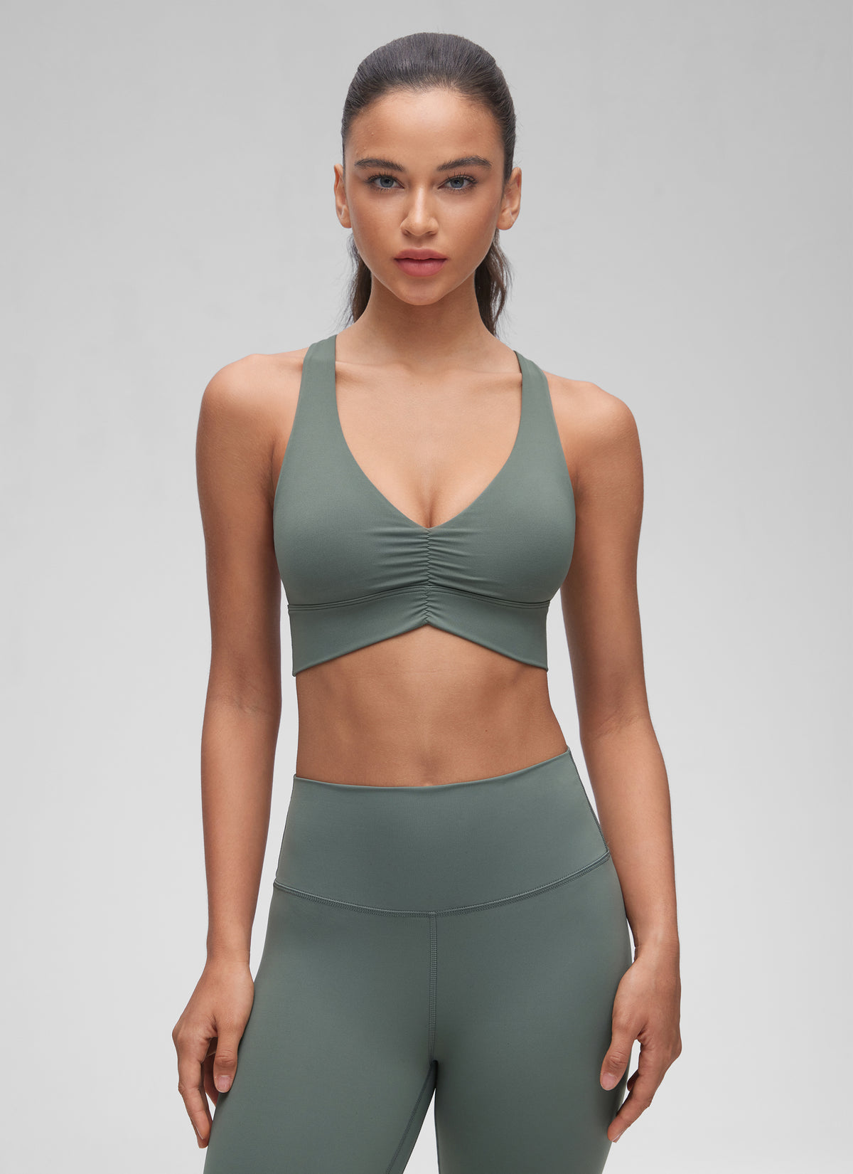 CRZ YOGA Women's Light Support Butterluxe Yoga Bra Ruched V Neck Grey Sage @model_info:Winma
