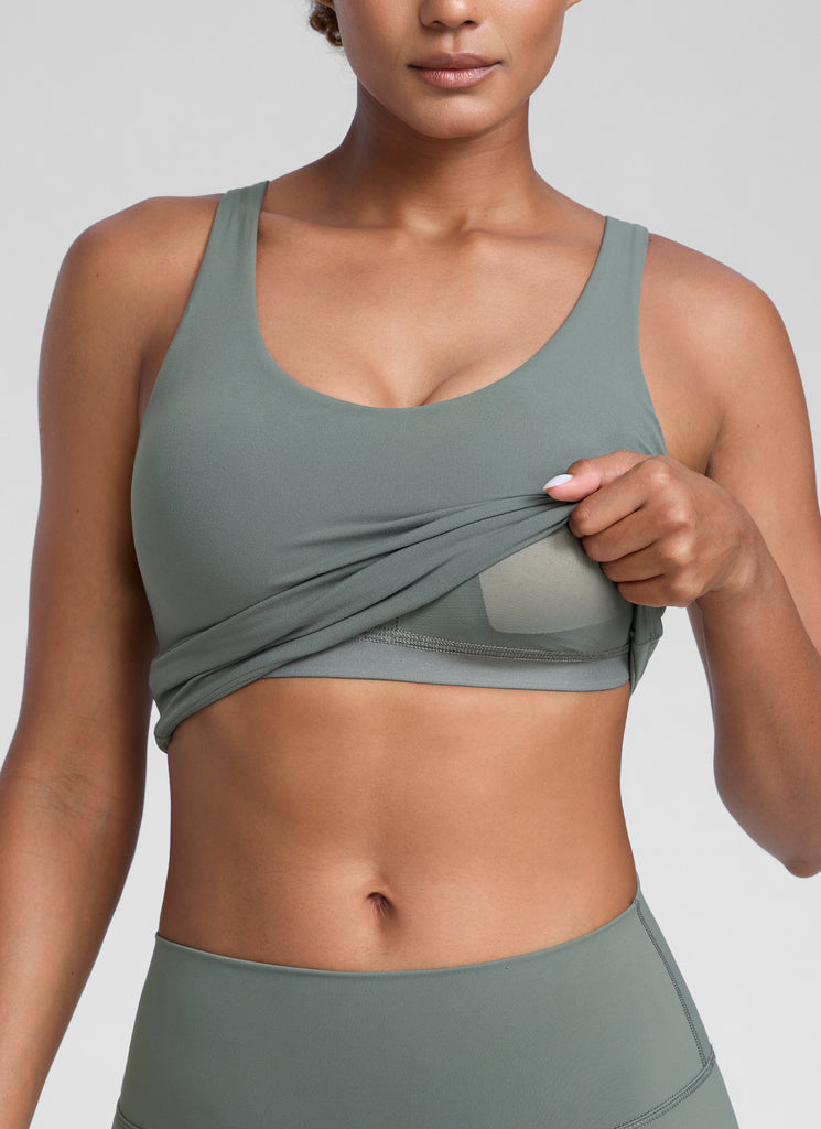 CRZ YOGA Womens Butterlift Racerback U Neck Yoga Built in Bra Tank Grey Sage