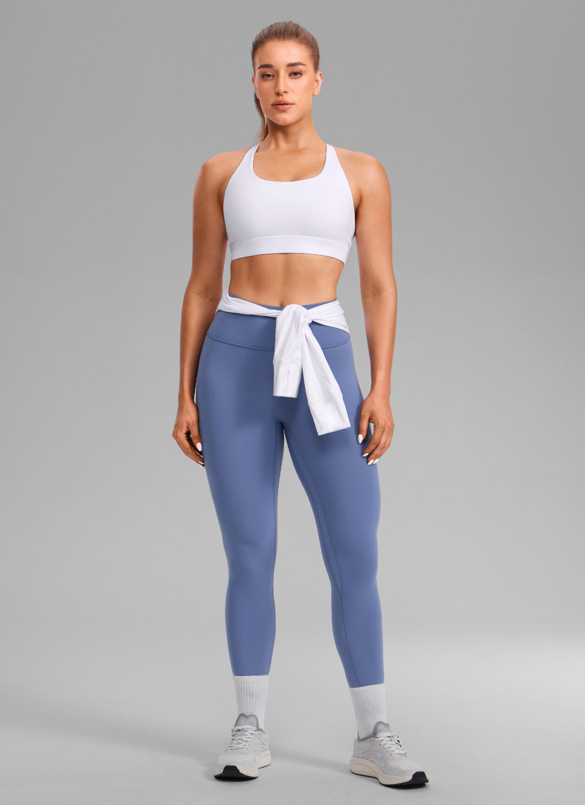 CRZ YOGA Women's Butterlift® Workout Crewneck Cross Back Sports Bra White @model_info:Julia