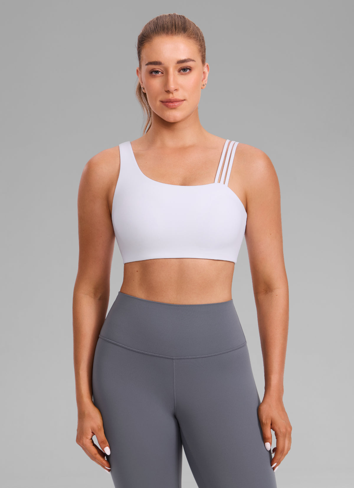 Women's Butterlift® Yoga Asymmetric Straps Sports Bra Medium Support White @model_info:Julia