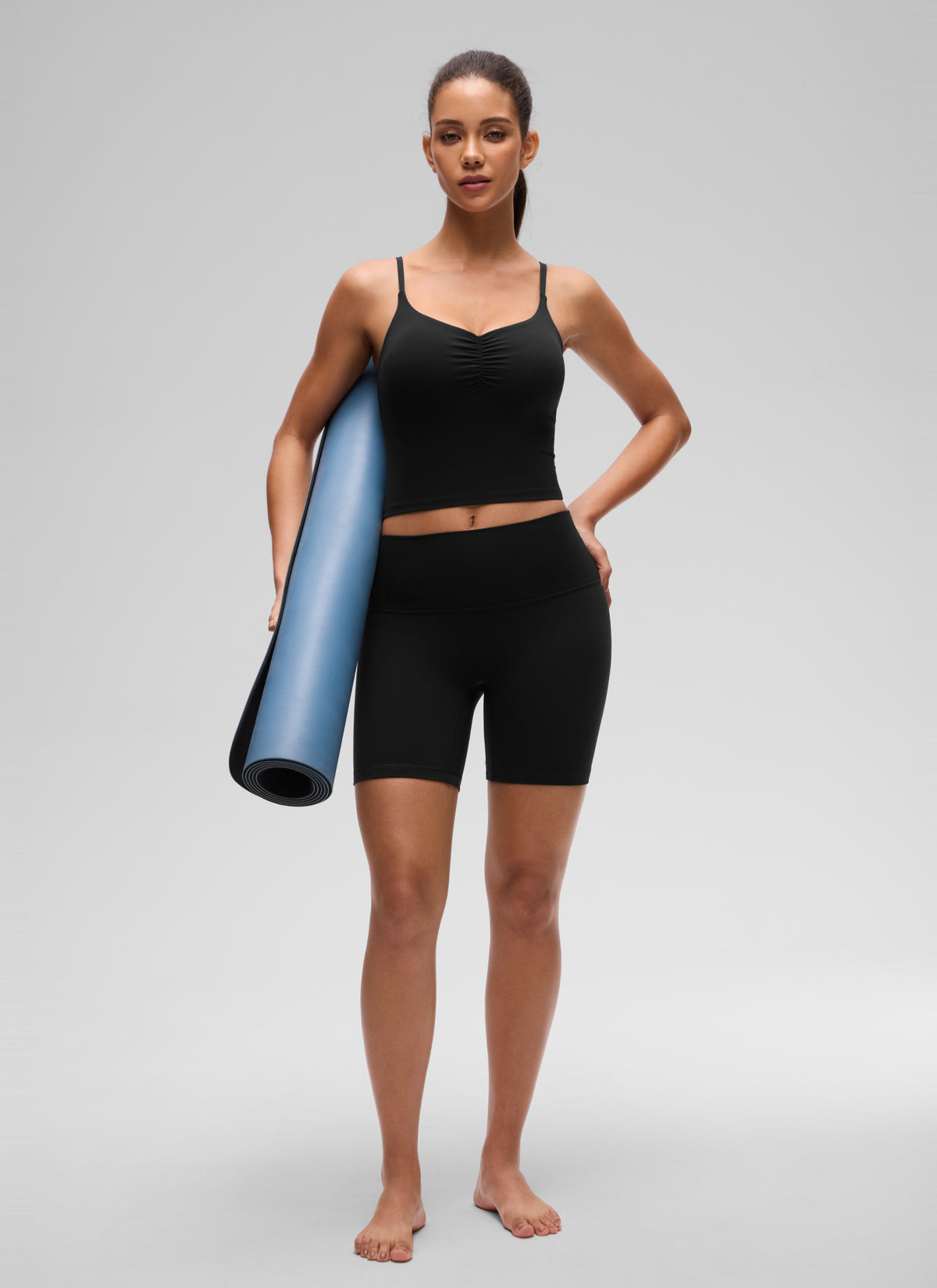 CRZ YOGA Women's Butterluxe Yoga Ruched V Neck U Back Crop Padded Tank Black @model_info:E