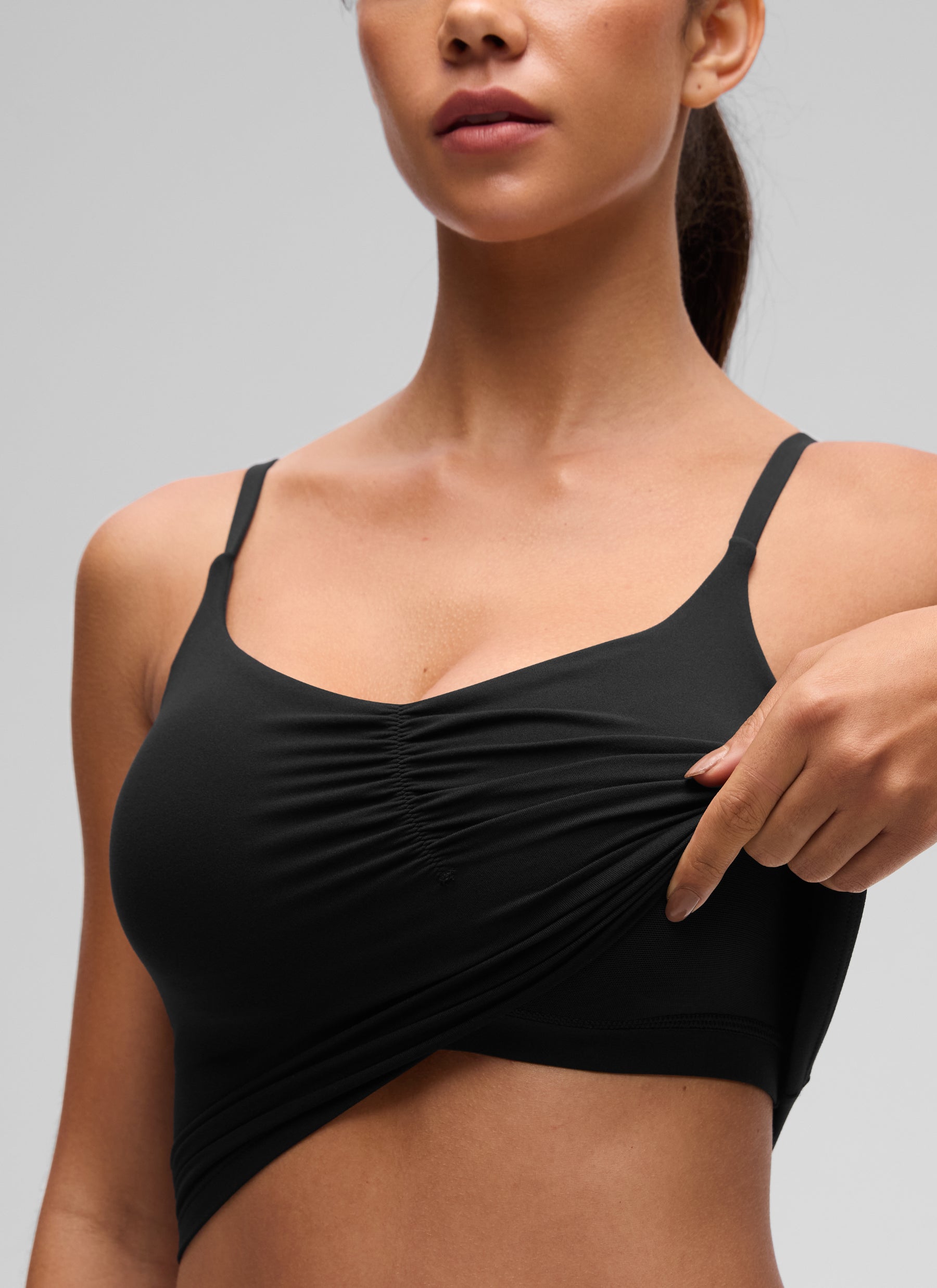CRZ YOGA Women's Butterluxe Yoga Ruched V Neck U Back Crop Padded Tank Black @model_info:E
