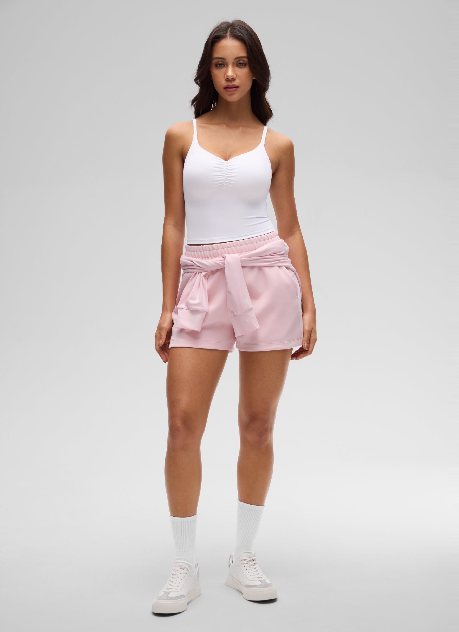 CRZ YOGA Women's Butterluxe Yoga Ruched V Neck U Back Crop Padded Tank White @model_info:E