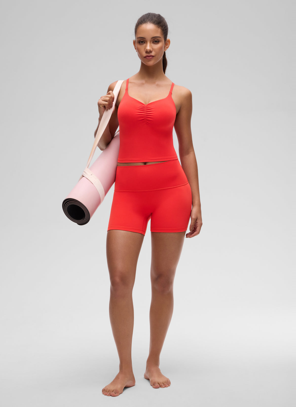 CRZ YOGA Women's Butterluxe Yoga Ruched V Neck U Back Crop Padded Tank Deep Red @model_info:E